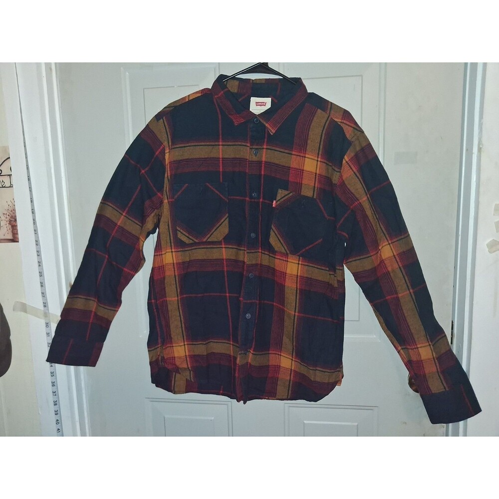 Levi's Men's Size Large Plaid Flannel Shirt Navy Blue Yellow Red Long Sleeve